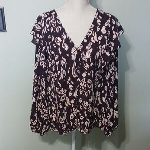 Nine West Black and Cream V-Neck Printed Blouse Size L NWT